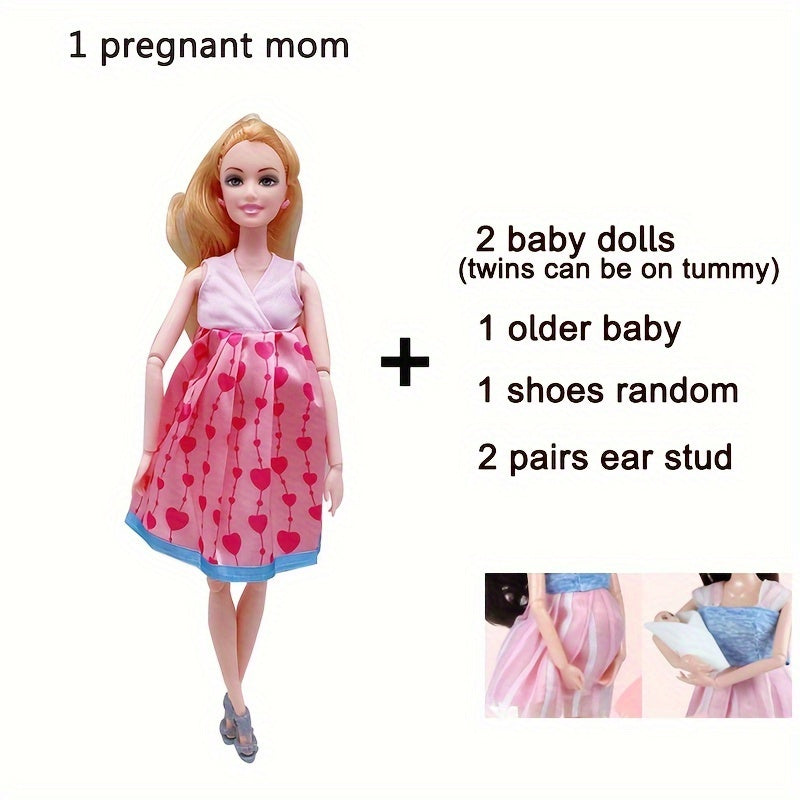 11.8 Inch Fashion Pregnant Doll with Movable Joints, Mom Doll with 2 Baby Dolls, Elder Doll, Ear Studs, Shoes, Modern Dress, Princess Doll, Educational Toy for Girls Ages 3+