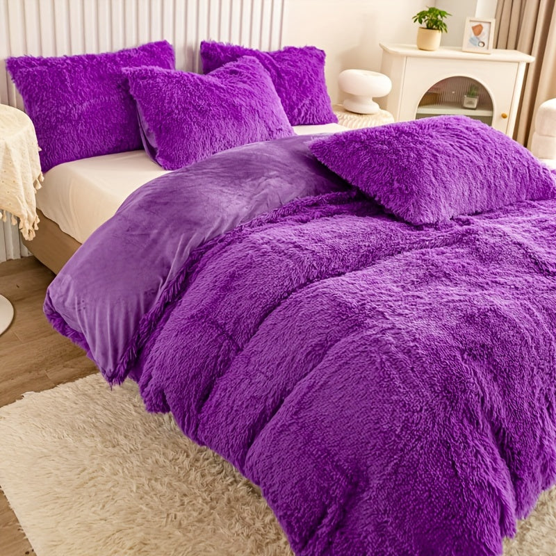 Plush Duvet Cover Set 3 Piece, Long Hair Knitted Polyester, Solid Color Fuzzy Comforter Cover with Zipper Closure, All-Season Soft Cozy Bedding Set for Bedroom, Multiple Colors Available