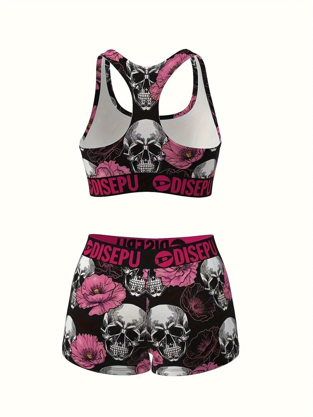 Women's Skull and Pink Flower Print Sports Bra and Shorts Set - 2-Piece Gothic Floral High-Stretch Activewear for Gym, Yoga, Running, Halloween Workouts, Breathable Athletic Outfit, Sizes S-XXL