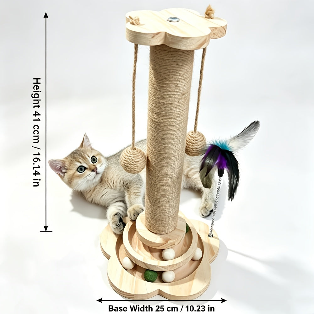 Multi-Level Cat Scratching Post Premium Sisal with 6 Wooden Toy Balls, 2 Hanging Balls, 2 Feather Teaser Toys, Non-Slip Base, Interactive Cat Tree for Indoor Cats and Kittens