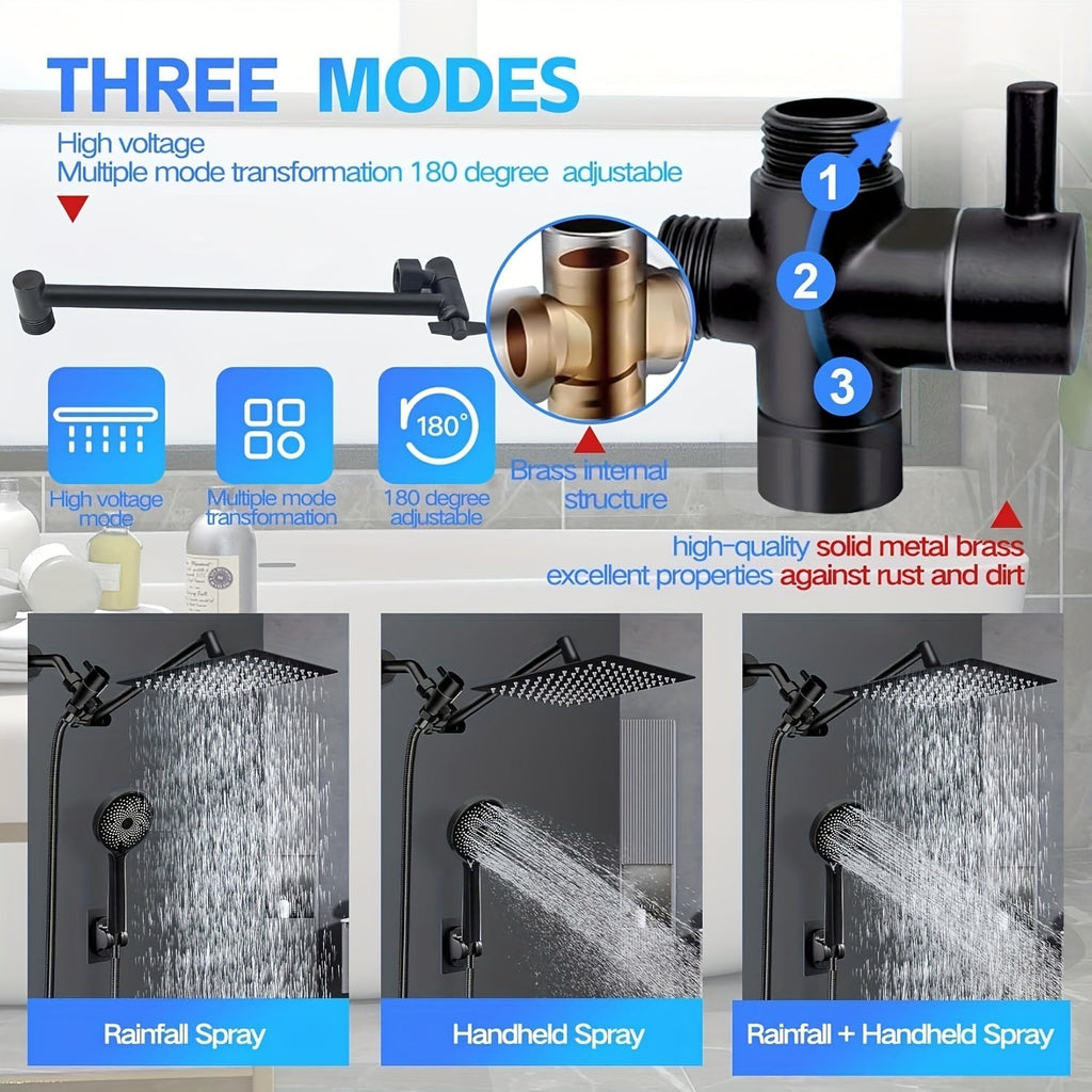 High Pressure Rainfall Handheld Shower Head Combo with 11-Inch Adjustable Extension Arm, 9 Settings, Anti-Leak Design, Chrome and Matte Black Finish
