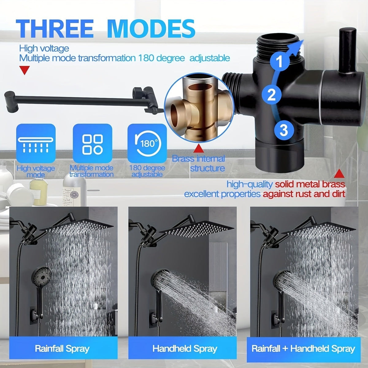 High Pressure Rainfall Handheld Shower Head Combo with 11-Inch Adjustable Extension Arm, 9 Settings, Anti-Leak Design, Chrome and Matte Black Finish