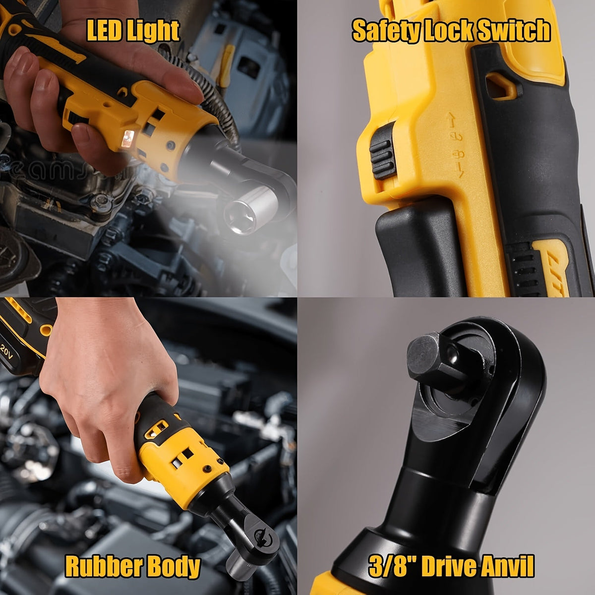 3/8-Inch Brushless Electric Ratchet Wrench Compatible with DeWalt 20V Battery Variable Speed with 1/4-Inch Adapter & 3-Inch Extension Rod – Tool Only (No Battery)