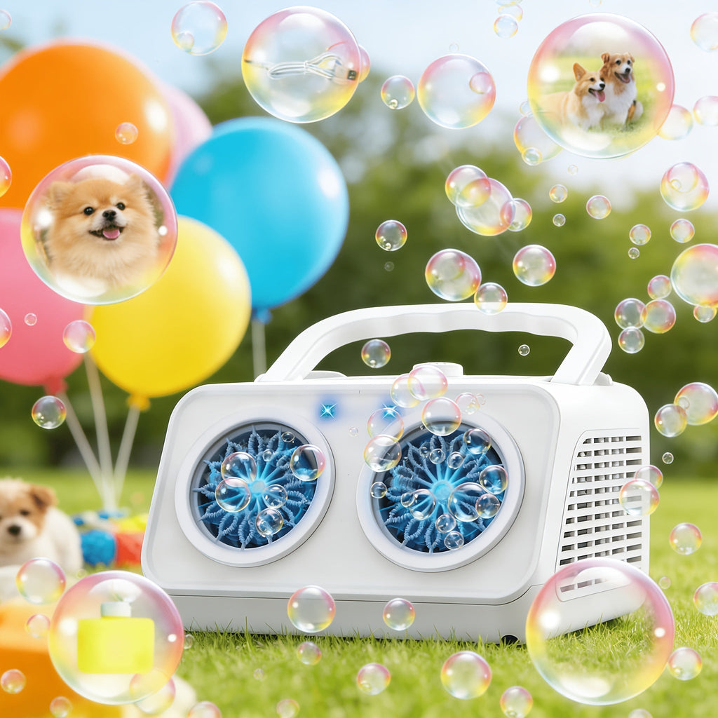 Upgraded Automatic Bubble Machine, Thickened 2-Fan Design, 20,000+ Bubbles Per Minute, Plug-in or Battery-Powered Portable Bubble Blower for Indoor/Outdoor Birthday Parties, Weddings, and Kids (White/Black)