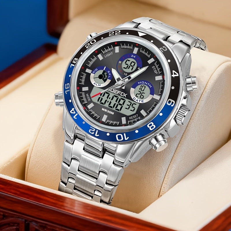 Men's Vintage Business Chronograph Watch with Steel Band – Dual Movement Waterproof Wristwatch with Band Adjustment Tool, Father's Day Birthday Gift for Men