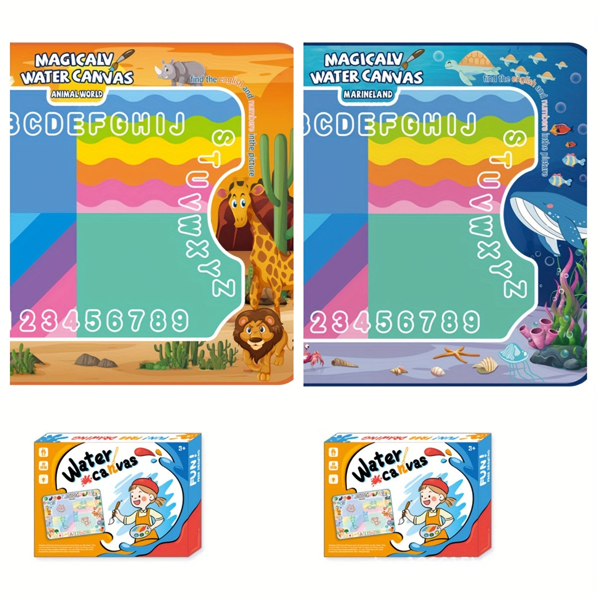 Water Drawing Mat for Kids, Reusable Magic Painting Canvas, Mess-Free Art Toy Set for Ages 3+, Large 80x60cm, Ocean Animal Designs, Gift Box