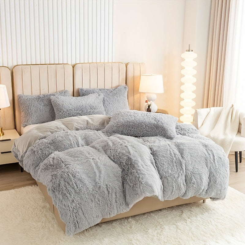 Plush Duvet Cover Set 3 Piece, Long Hair Knitted Polyester, Solid Color Fuzzy Comforter Cover with Zipper Closure, All-Season Soft Cozy Bedding Set for Bedroom, Multiple Colors Available