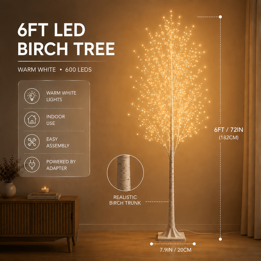 6FT 600 LED Warm White Artificial Birch Tree Floor Lamp Flexible Branches Hand-Wrapped Bark Trunk Plug-In for Living Room Christmas Wedding & Home Decor