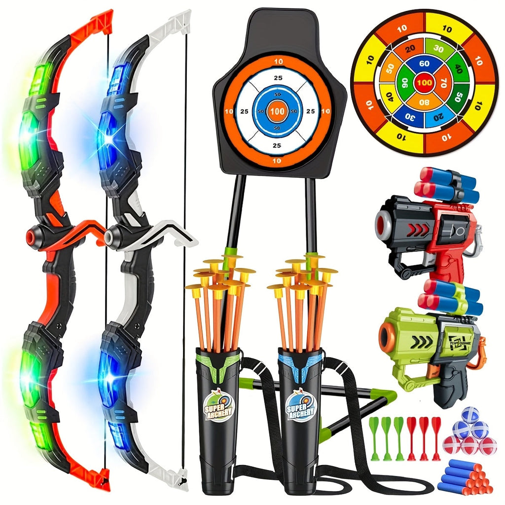 2-Pack Kids Bow & Arrow Archery Toy Set - Light-Up, Suction Cup Arrows, 29" Dart Board, Standing Target, 2 Bows, 2 Quivers, 20 Arrows - Indoor & Outdoor - Boys & Girls Ages 3+