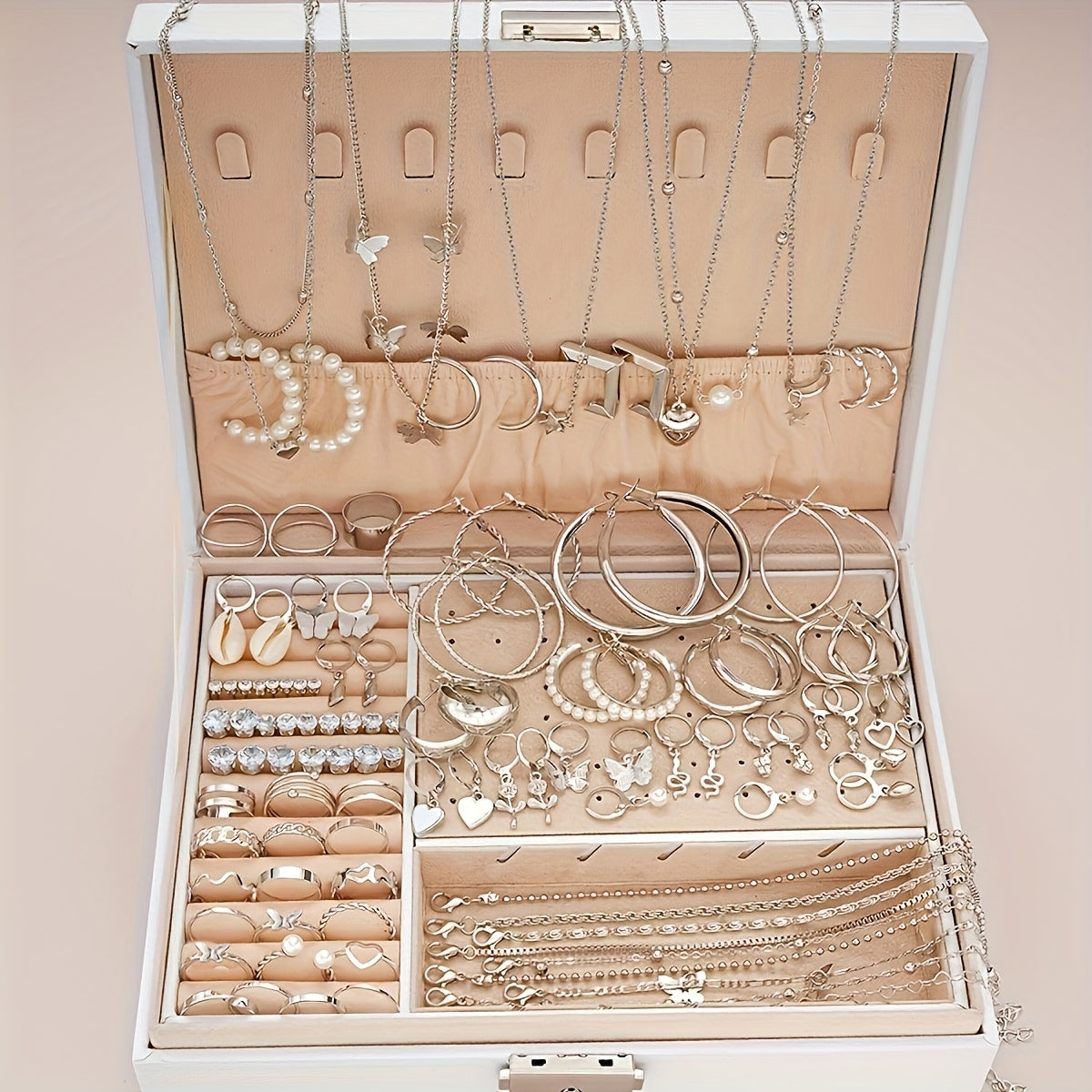 108pcs Women's Jewelry Set Vintage Butterfly Heart Rhinestone Necklace Bracelet Anklet Ring Earrings Bundle Multi-Layer Chains Silver Fashion Jewelry Gift for Her