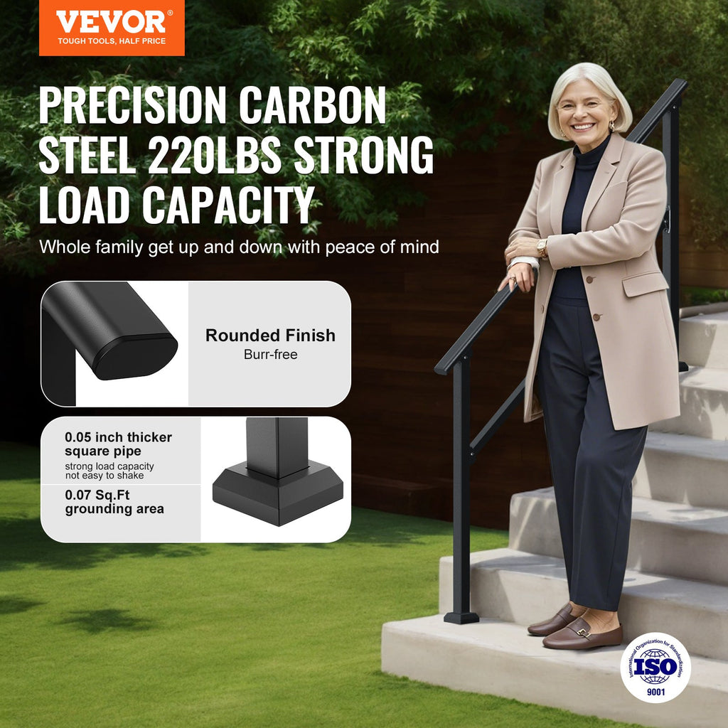 Outdoor Stair Handrail for 4-5 Steps, 220 lbs Load, Square Tube Steel, 0-40° Adjustable Angle, Stainless Steel Expansion Bolts, Full Hardware Set, for Porch Deck Garage Garden, Black