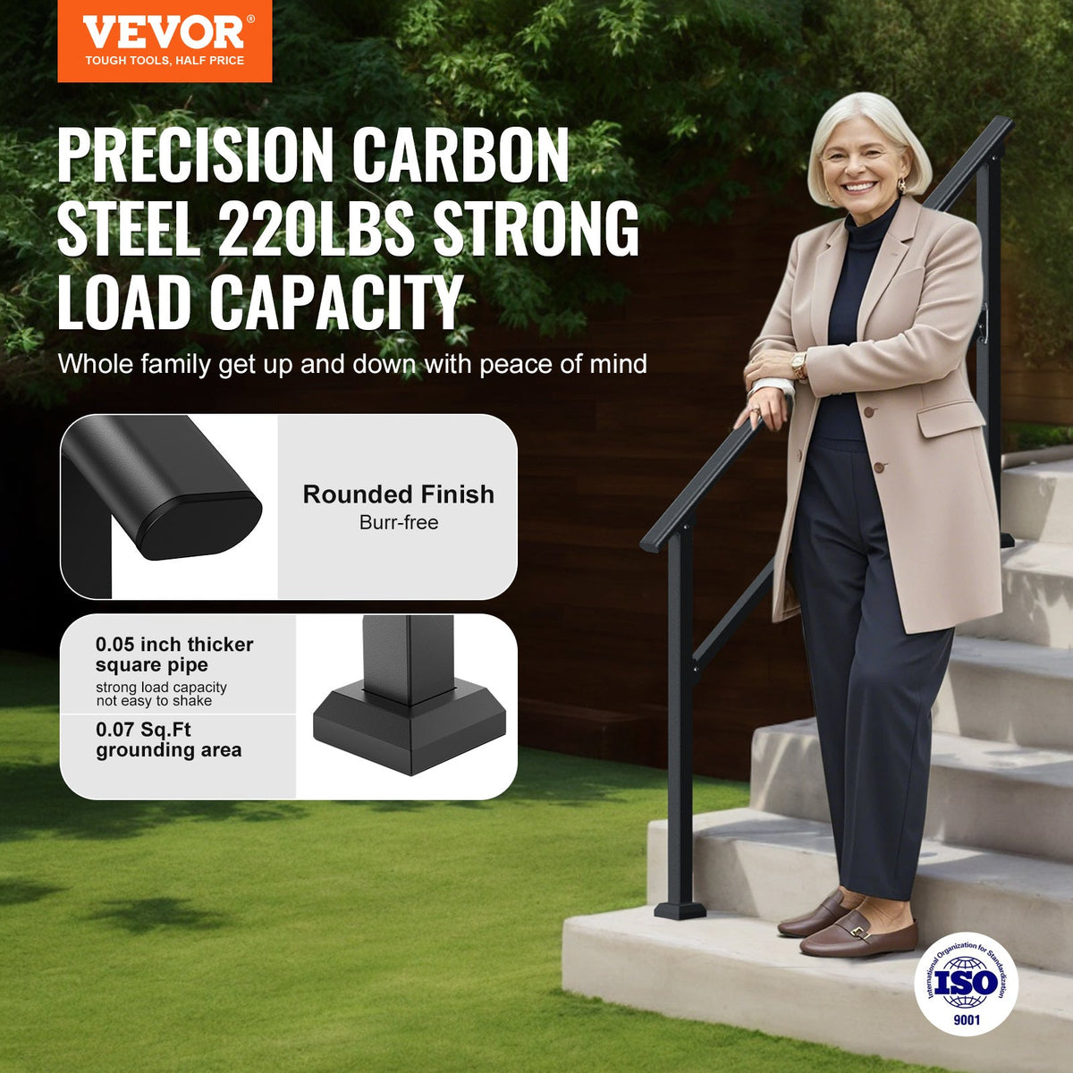 Outdoor Stair Handrail for 4-5 Steps, 220 lbs Load, Square Tube Steel, 0-40° Adjustable Angle, Stainless Steel Expansion Bolts, Full Hardware Set, for Porch Deck Garage Garden, Black