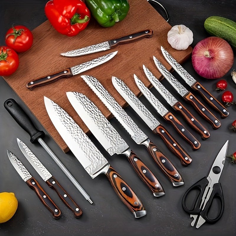 15-Piece Kitchen Knife Set with Wooden Block - Self-Sharpening, Medium Carbon Stainless Steel, Hammered Finish & Steak Knives - Chef Knife Set - Silver, Black, Wooden, Jet-Black & Deep-Black