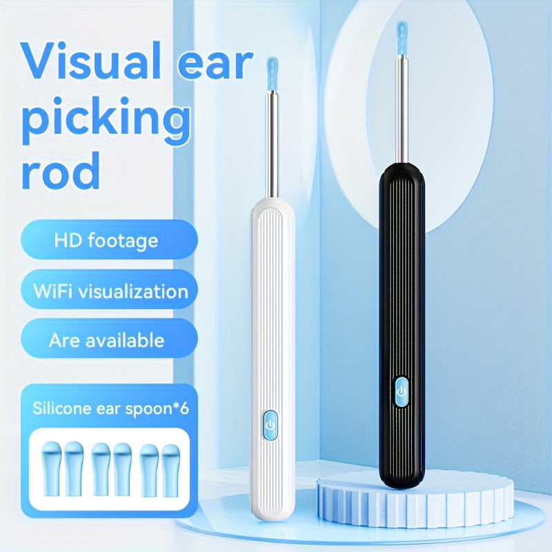 7-Piece Wireless Ear Wax Removal Kit with Camera & Light - 6 Ear Scoops, 6 Sleeve Accessories, iOS & Android Compatible - Safe & Easy Home Ear Cleaning - Black & White