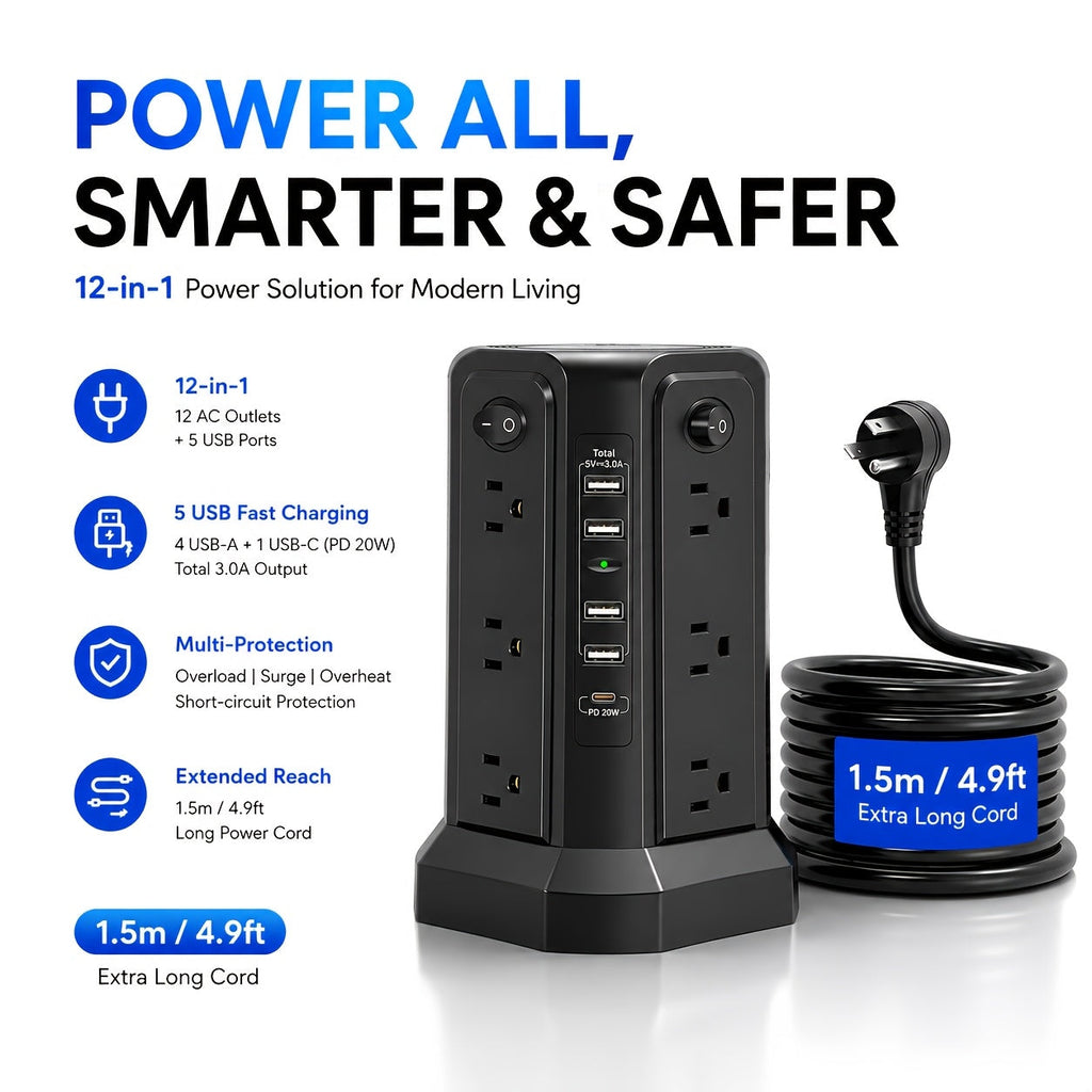 Tower Surge Protector Power Strip, 12 AC Outlets, 5 USB Ports with 18W PD USB-C Fast Charging, 10FT Extension Cord, 1800J Surge Protection, 4 Switches, for Home, Office, Desk, and Dorm Room – Space-Saving Vertical Design