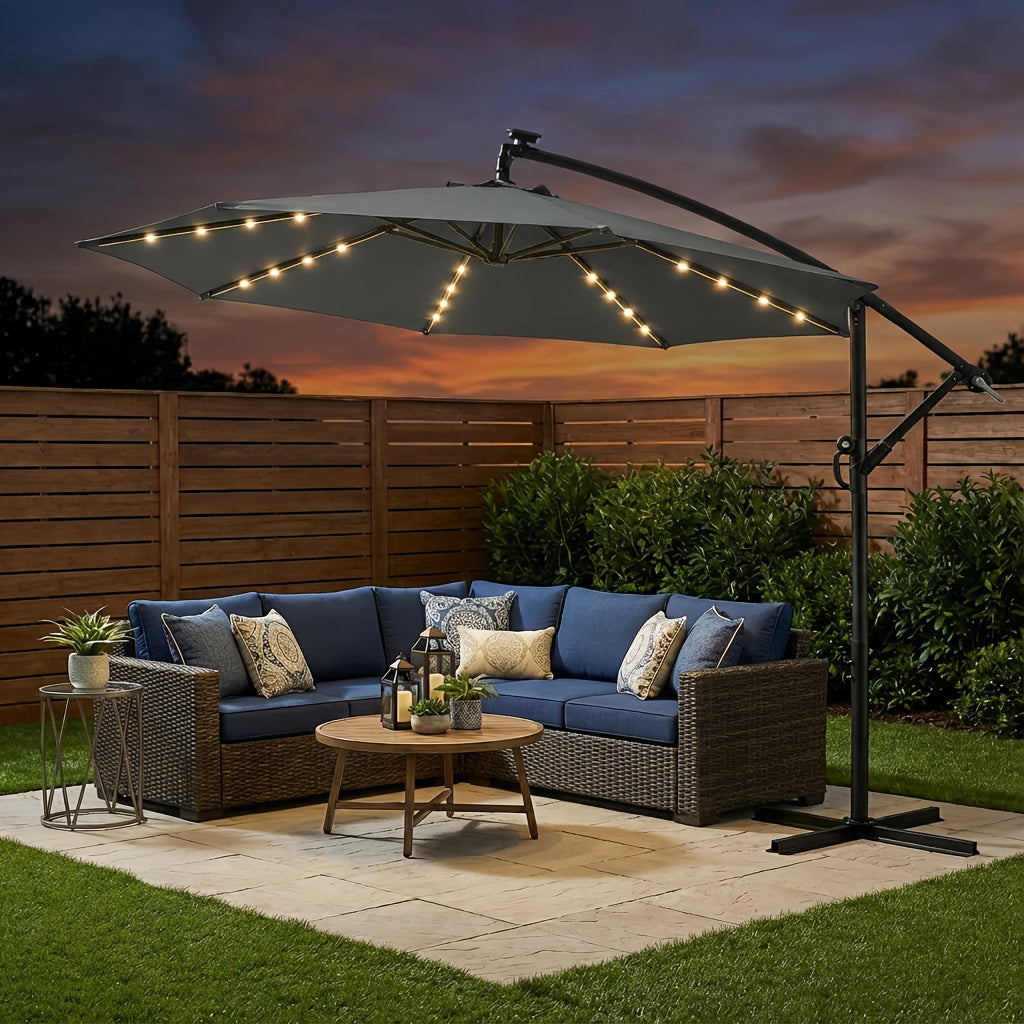 10ft Solar LED Offset Cantilever Patio Umbrella, UPF50+ UV Protection, Easy Tilt & Crank, Heavy-Duty Outdoor Market Umbrella, Sun Shade for Garden Deck Backyard Pool (Base Not Included)