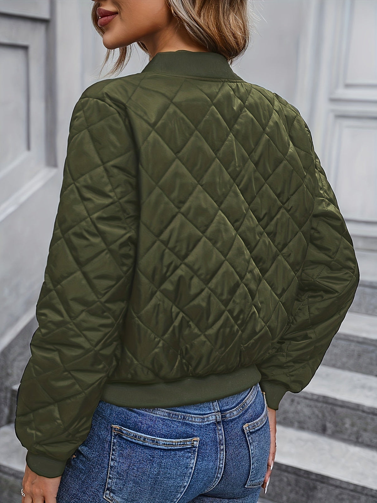 Women's Quilted Flight Jacket, Zip-Up Long Sleeve Crew Neck Flared Hem Casual Coat – Solid Color Polyester Bomber Jacket S-XXL Black Olive Green