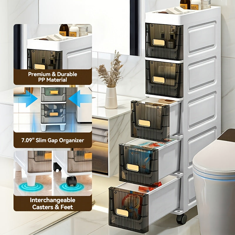 Slim Rolling Storage Cabinet with Drawers and Wheels, Waterproof PP Organizer, 3/4/5/6 Tier for Bathroom, Kitchen, Bedroom, and Small Spaces – Narrow Drawer Unit