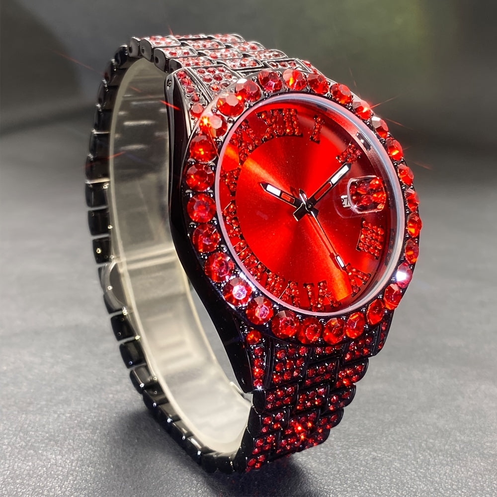 Rhinestone Couple's Watch Set, Luxury Quartz Movement with Calendar and Luminous Display, Red and Ice Blue Rhinestone Fashion Party Gift Watches for Men and Women