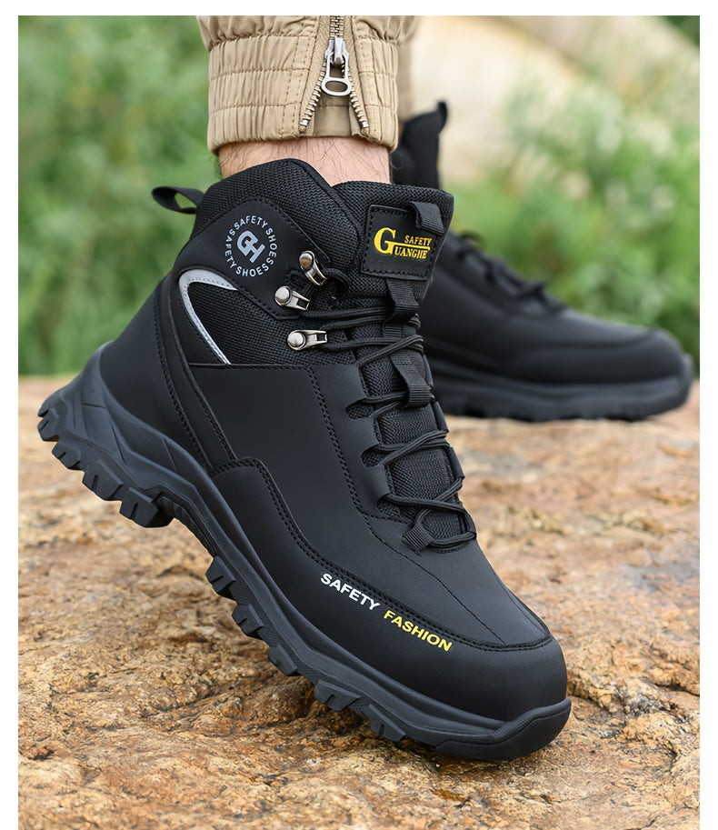 Men's Steel Toe Work Boots, Heavy Duty, All-Terrain Rubber Sole, Cushioned Insole, Arch Support, Four-Season Construction, Industrial, Farm, and Outdoor Boots, Black/Army Green, US Sizes 6-11