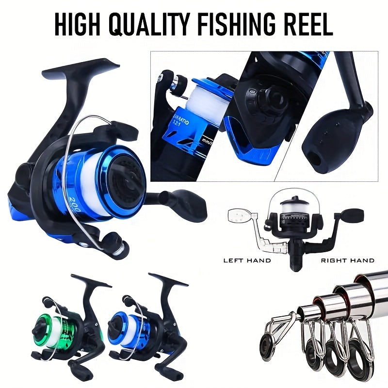 Complete Fishing Tackle Set with Rod, Reel, Line, Soft Baits, and Hooks, Fast Action, Ambidextrous, for Freshwater and Saltwater Fishing - Beginner Angler Outdoor Gift, Blue/Green