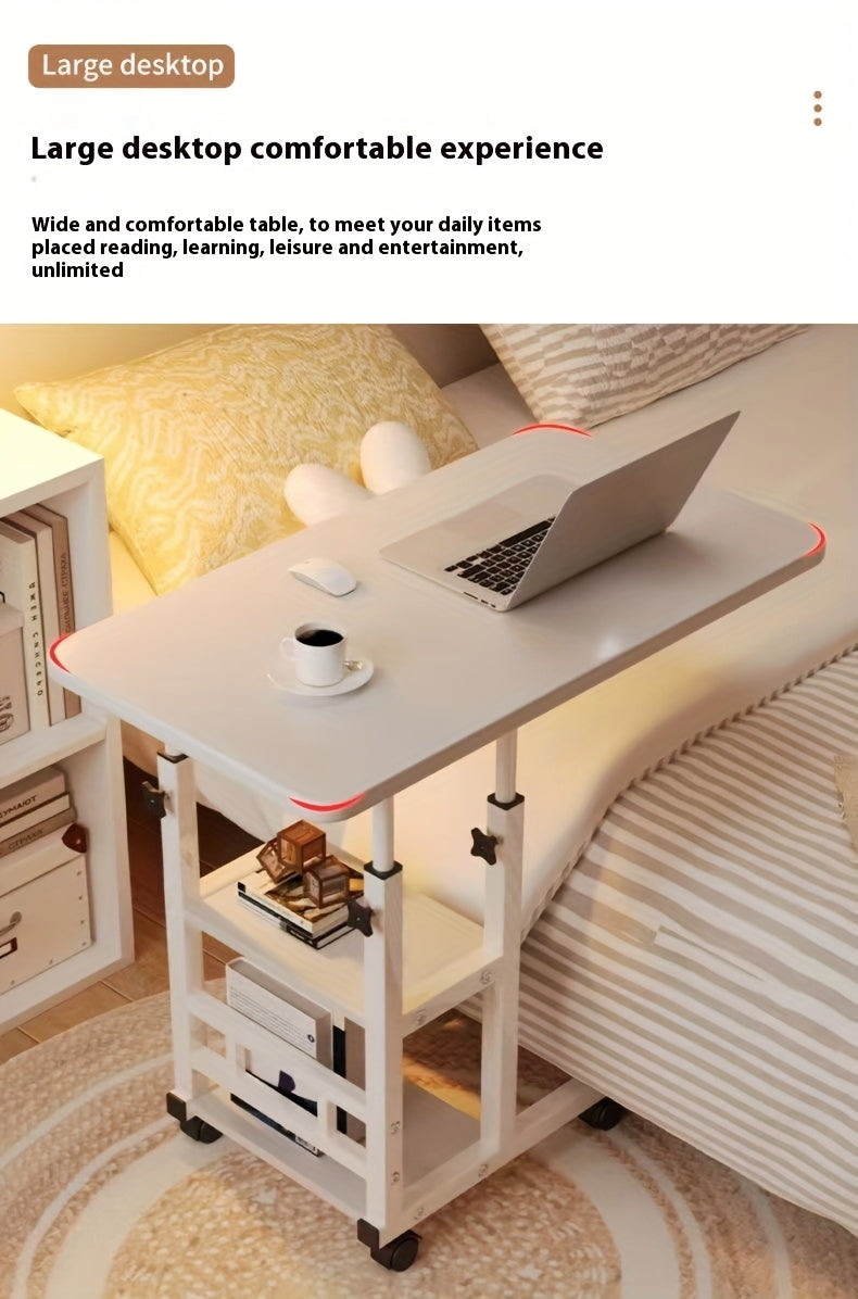 Height Adjustable Rolling Laptop Table with 4 Wheels & Dual Shelves – Mobile Workstation Desk for Bedside, Dorm, Office, and Living Room, Sturdy Steel Frame, Space-Saving Design