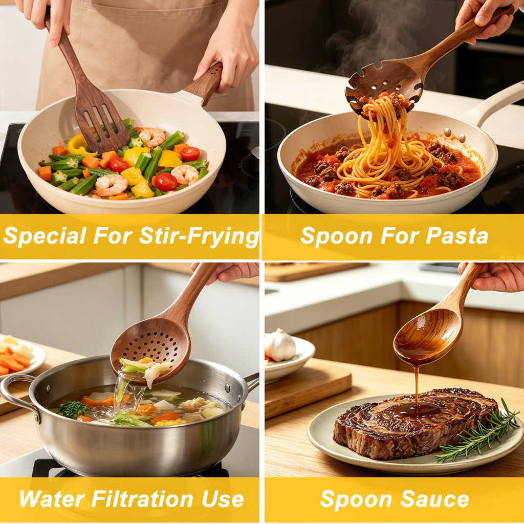 10-Piece Natural Teak Wooden Kitchen Utensils Set - Cooking Spoons, Spatulas & Turner, Non-Stick Safe, Heat Resistant, Eco-Friendly Wood Cookware Tools for Home Kitchen