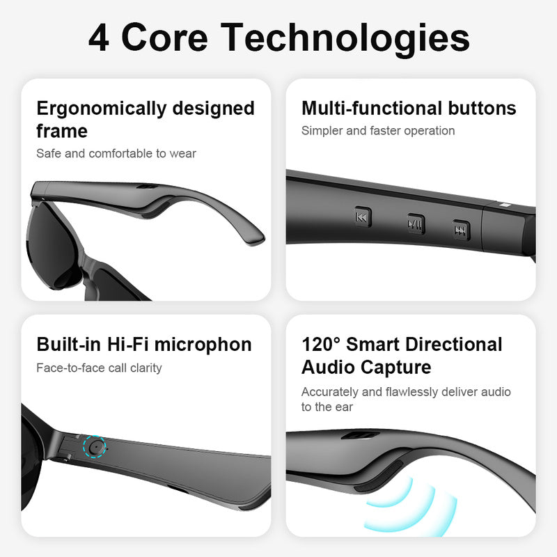 Bluetooth Audio Glasses 2-in-1 Wireless Smart Glasses with Built-in Stereo Speakers, USB-C Charging, Lightweight Open-Ear Sunglasses for Music, Gaming, and Video Calls, Compatible with iPhone and Android (Black/White)