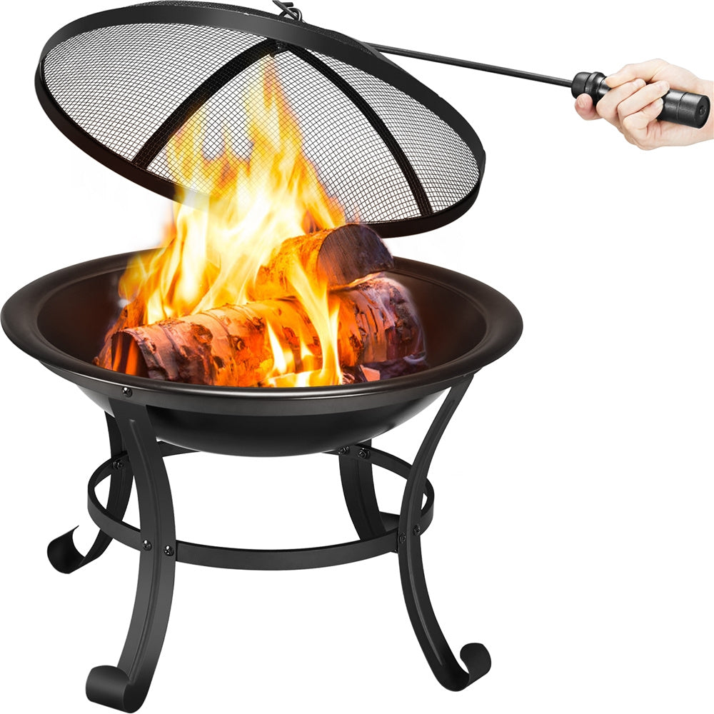 Outdoor Round Steel Fire Pit with Mesh Screen Cover, Fire Poker & Log Grate, Heat-Resistant, Portable, for Patio Yard Porch Camping Bonfire BBQ, Black