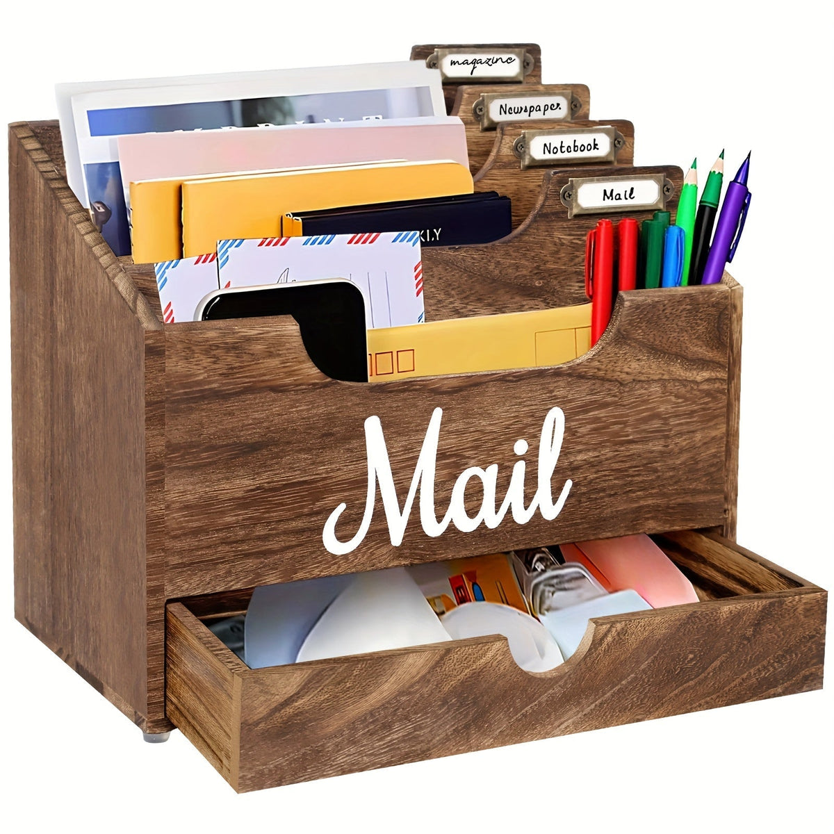 Large Solid Wood Desktop Mail Organizer with Drawer and 4 Compartments, Labelable Dividers for Files, Letters, and Paper Folders, Desk Organizer for Home Office, Students, and Professionals