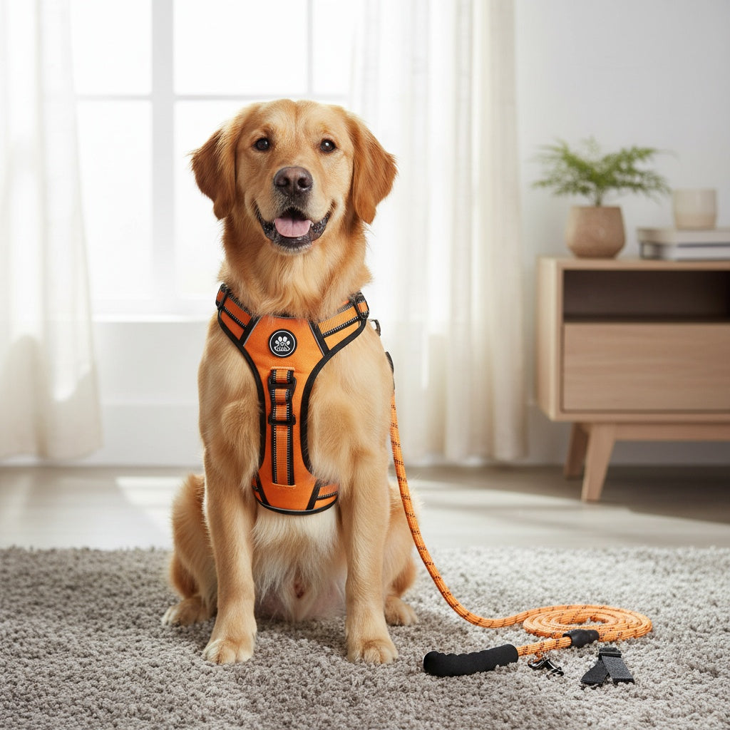 No-Pull Dog Harness Set with Retractable Leash, Seatbelt, and Collar – Fully Reflective, Adjustable, Breathable Vest Harness with Handle for Small & Large Dogs (XS–XL)