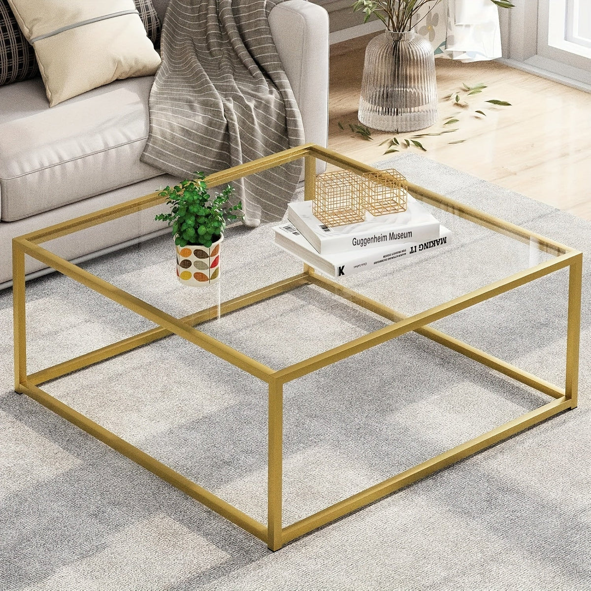 Glass Coffee Table 26"x26" – Modern Square Clear Glass Center Table for Living Room Small Spaces in Gold Black White with Plain or Striped Glass