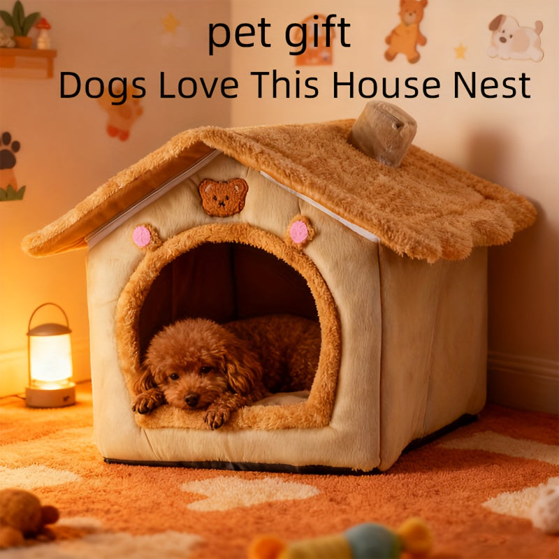 Cute House Dog Bed for Small Dogs - Warm Winter Plush Thick Cushion Pet House Bed for Teddy, Chihuahua, Pomeranian, Bichon, Schnauzer, and Bulldog, Indoor Cozy Sleeping Nest