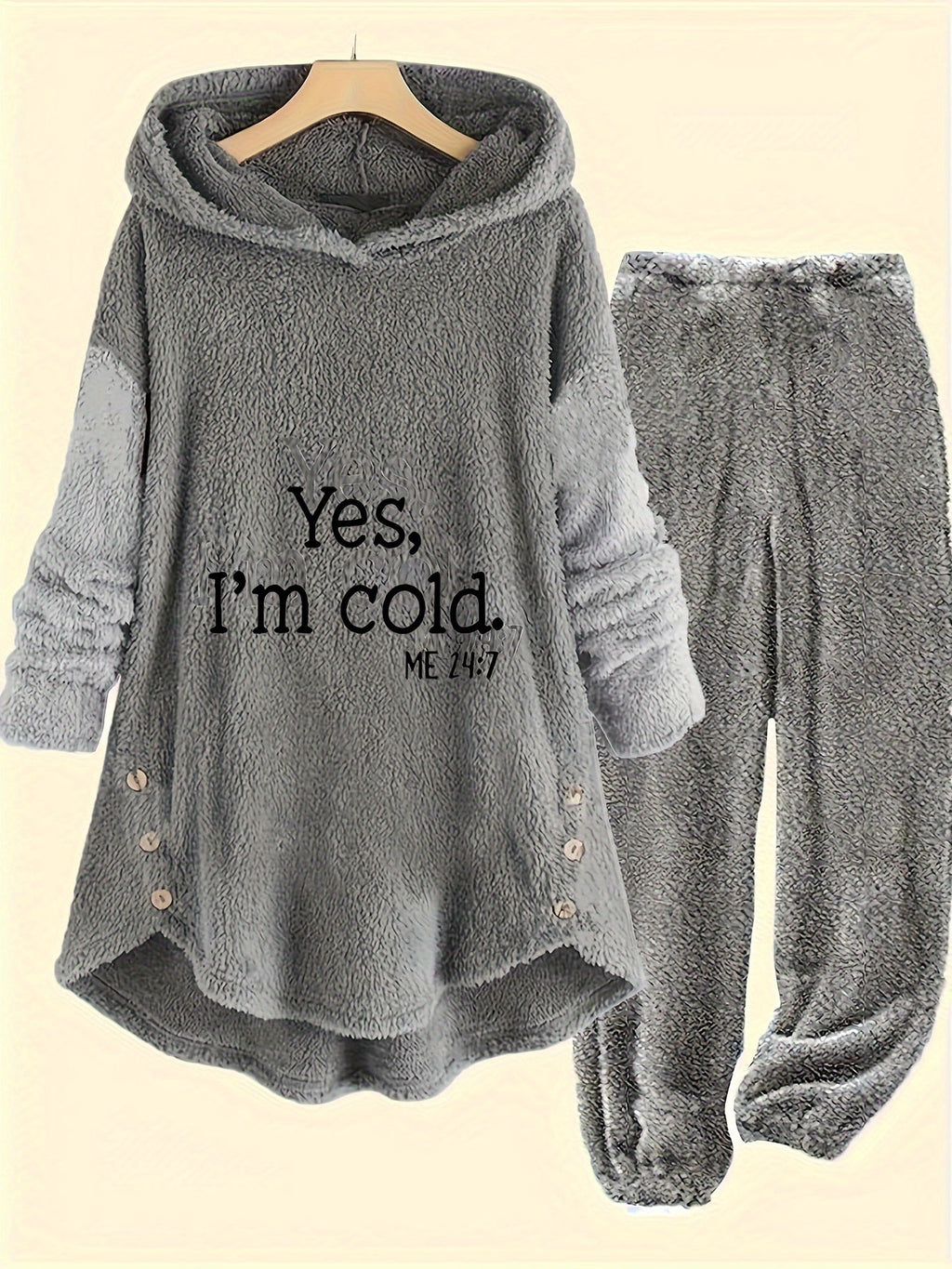 Women's Cold Print Teddy 2-Piece Set - Button-Decorated Long-Sleeve Hoodie & Casual Pants for Autumn & Winter - Mixed Colors - S to XXL