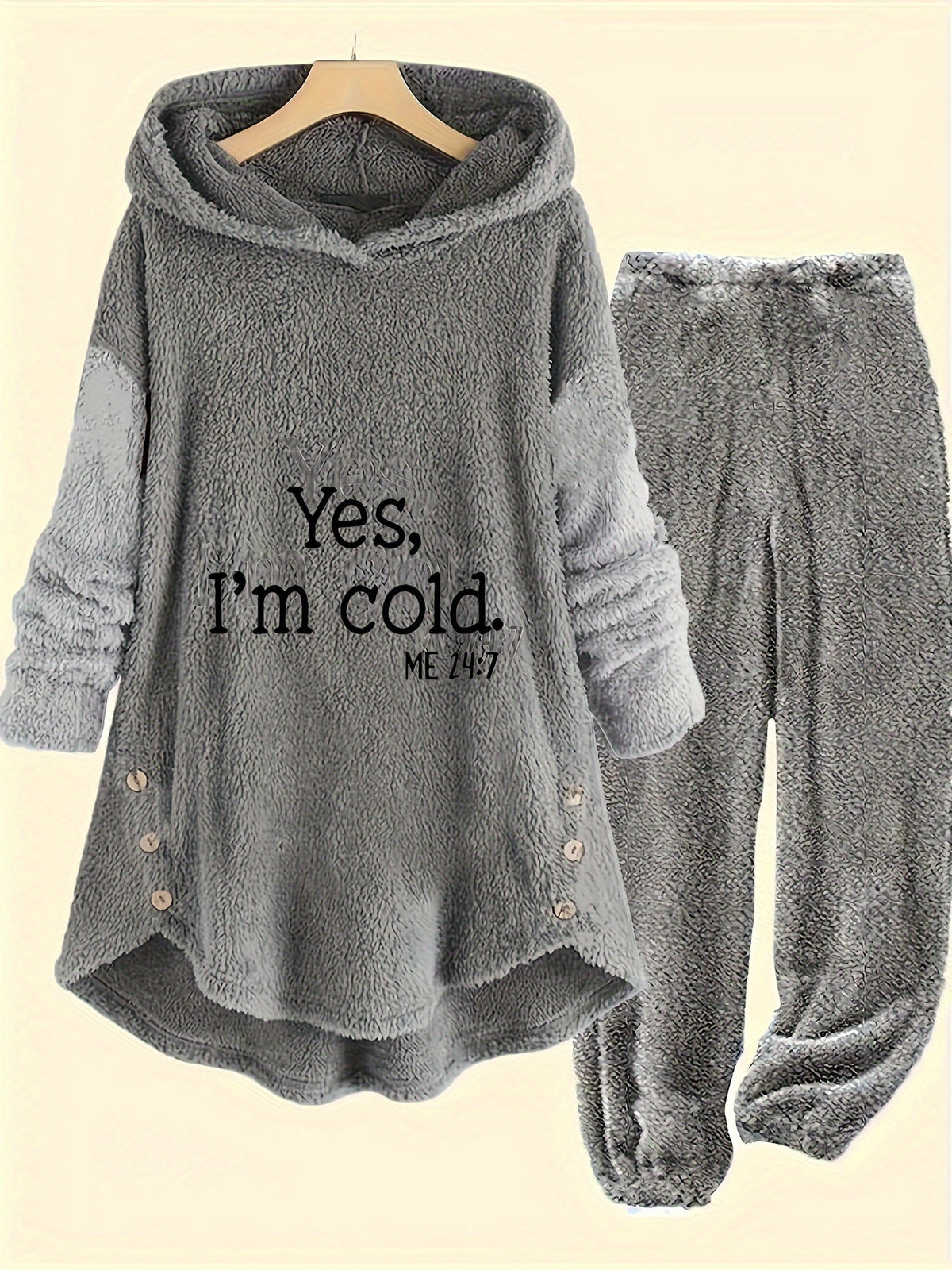 Women's Cold Print Teddy 2-Piece Set - Button-Decorated Long-Sleeve Hoodie & Casual Pants for Autumn & Winter - Mixed Colors - S to XXL