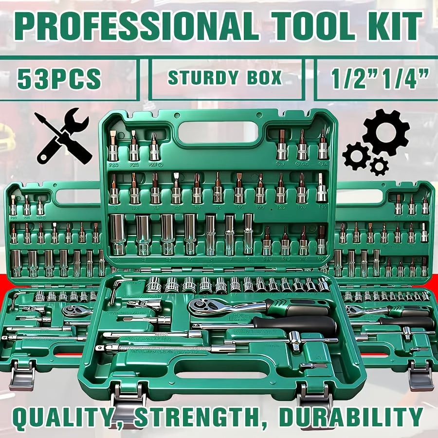 Impact Socket Set CR-V SAE & Metric 6-Point with Ratchet Handle and Extension Rod – Choose 34pc 1/2" Drive, 47pc 3/8" Drive, or 53pc Tool Set for Car Repair, Home Maintenance & Professional Use