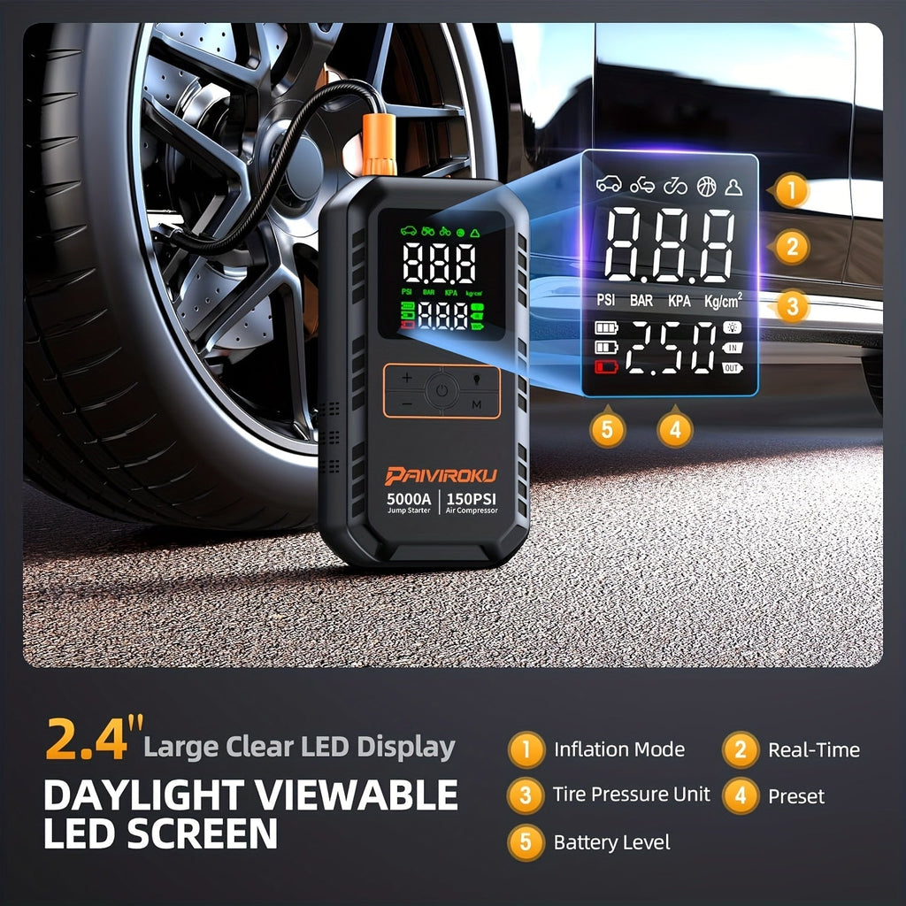 7-in-1 Portable Jump Starter with 150PSI Air Compressor – 5000A Peak Car Battery Booster, Tire Inflator, QC3.0 Power Bank, and LED SOS Light for Gas & Diesel Vehicles