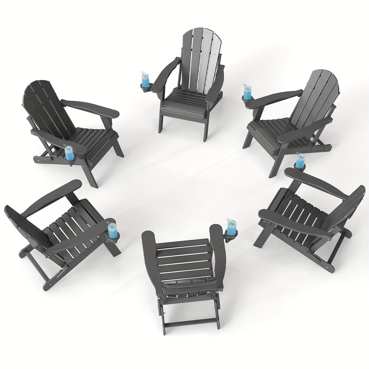 Folding Adirondack Chair with Cup Holder Portable Recliner Stainless Steel Frame Durable Plastic Easy Clean for Patio Poolside Garden Camping Set of 1 2 4 6