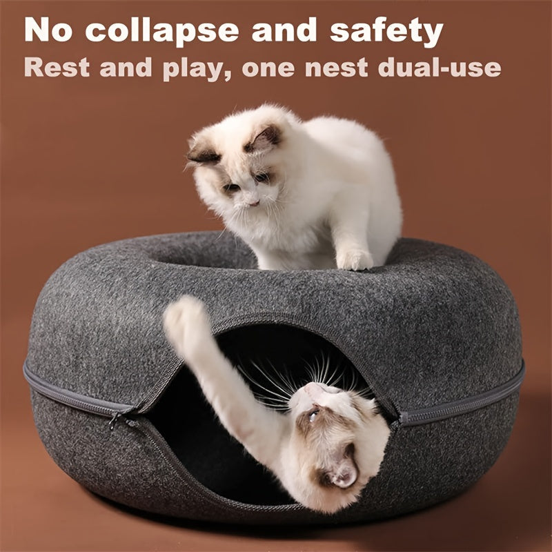 猫隧道床室内藏身处 - 甜甜圈猫窝四季通用折叠式猫隧道，带洞口，适合室内猫咪，柔软毛绒材质，深灰色与浅灰色，有20英寸和24英寸可选，理想的猫咪礼物