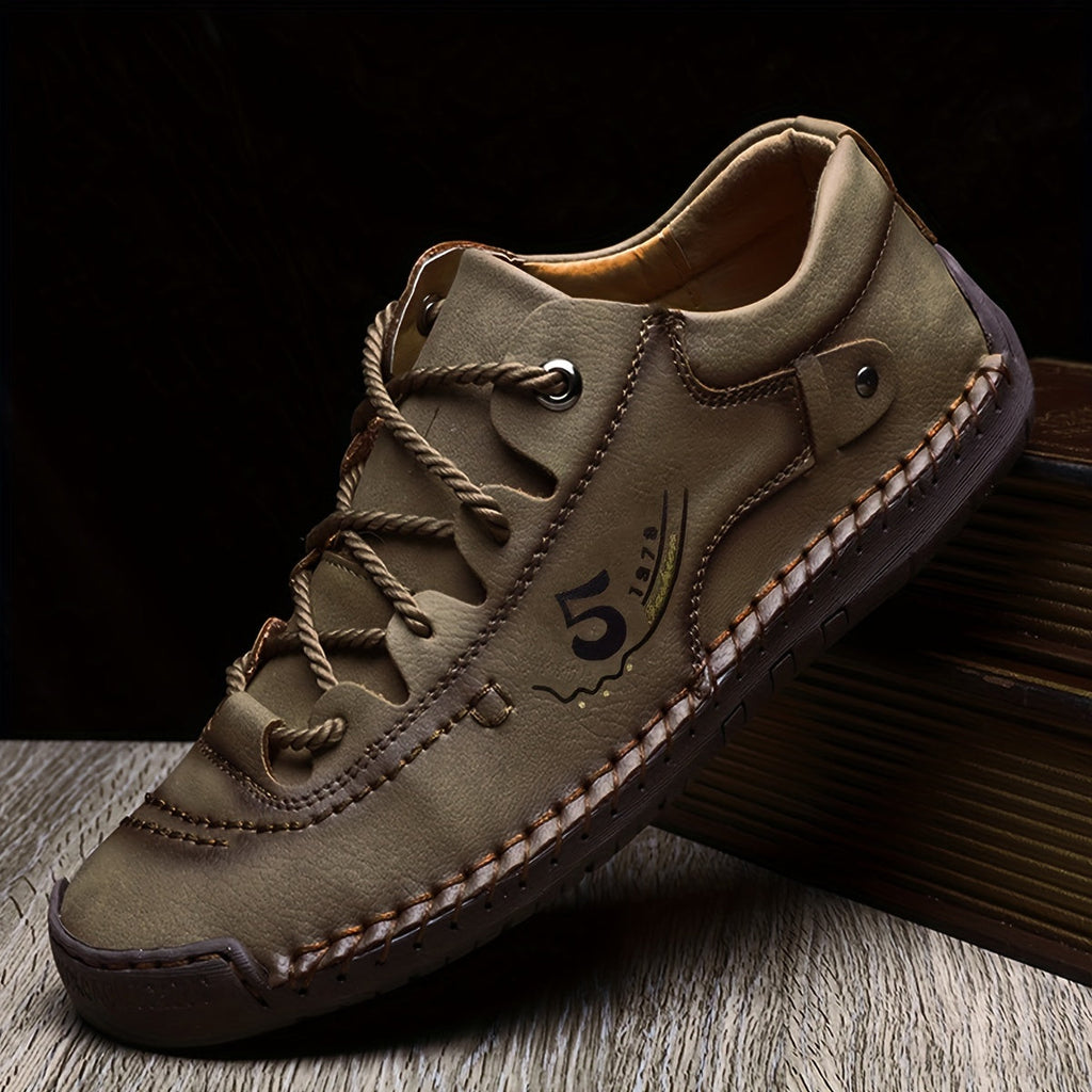 Men's Handmade Stitched Casual Sneakers – Lightweight Flat-Sole Outdoor Walking Shoes in Black, Khaki, Blue, Military Green & Yellowish-Brown, Sizes US 7.5–12.5