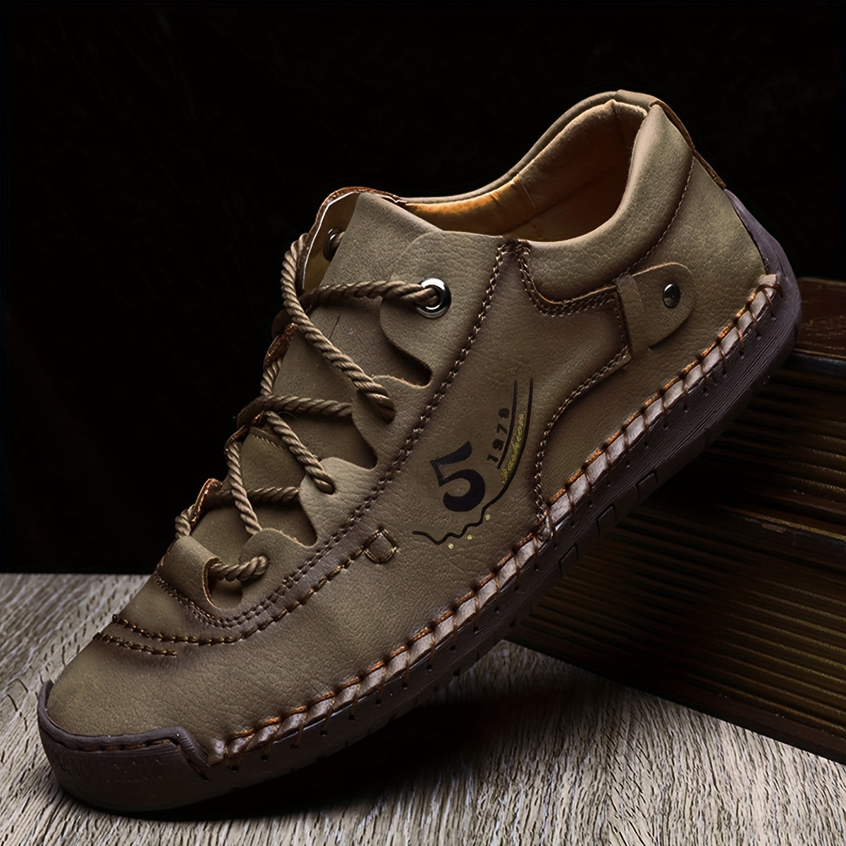 Men's Handmade Stitched Casual Sneakers – Lightweight Flat-Sole Outdoor Walking Shoes in Black, Khaki, Blue, Military Green & Yellowish-Brown, Sizes US 7.5–12.5