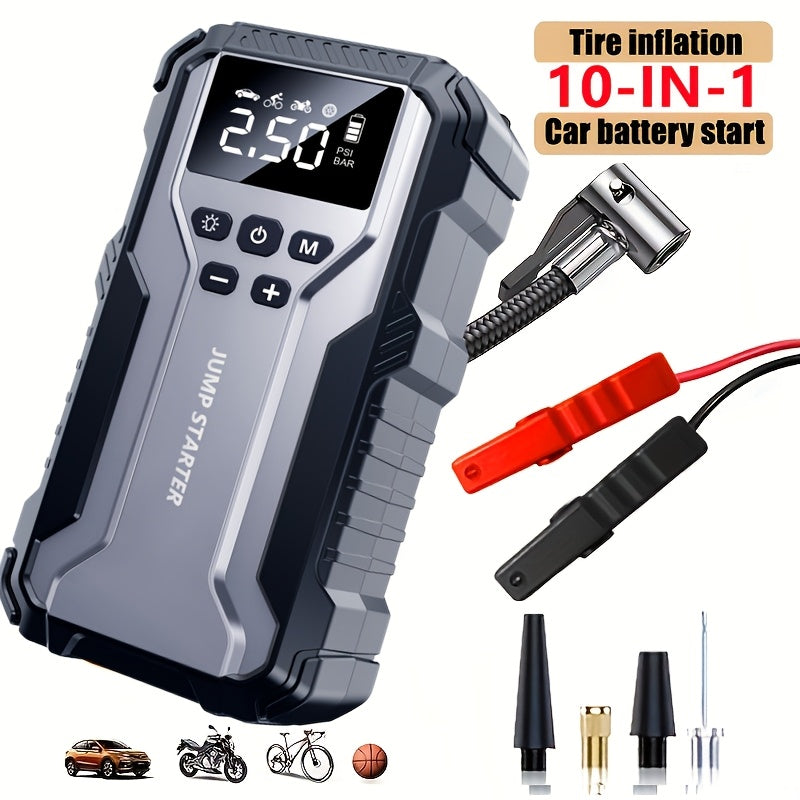 Portable Car Jump Starter Kit Multi-Function 12V Battery Booster with LED Flashlight, SOS Rescue Light, and Air Pump for Cars, Trucks, and Emergency Power Accessories