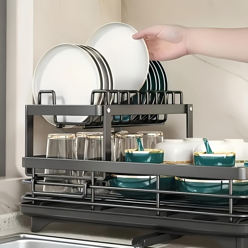2-Tier Dish Drying Rack for Kitchen Counter with Drainboard, Drain Mat, Knife, Fork, and Cup Holder, Utensil Organizer, Dish Drainer, Kitchen Gadget Gift for Women, Mother's Day