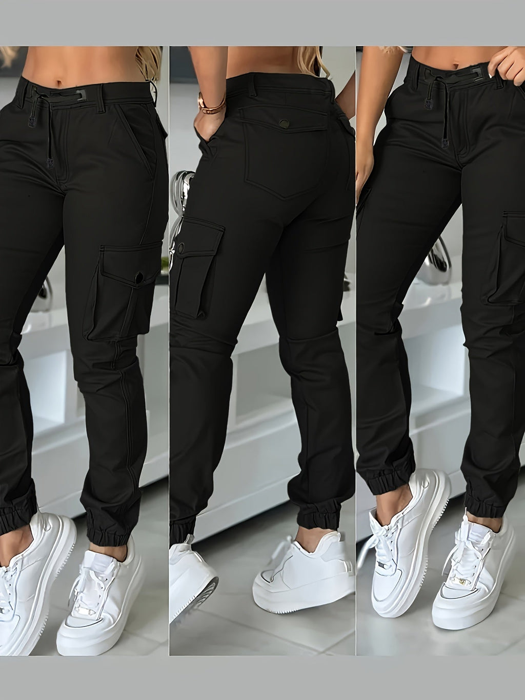 Women's High-Waist Cargo Joggers Ankle-Length Pants with Drawstring and Pockets, Slim-Fit Casual Trousers for Spring and Autumn, Black/Khaki/Grey, XS-XL
