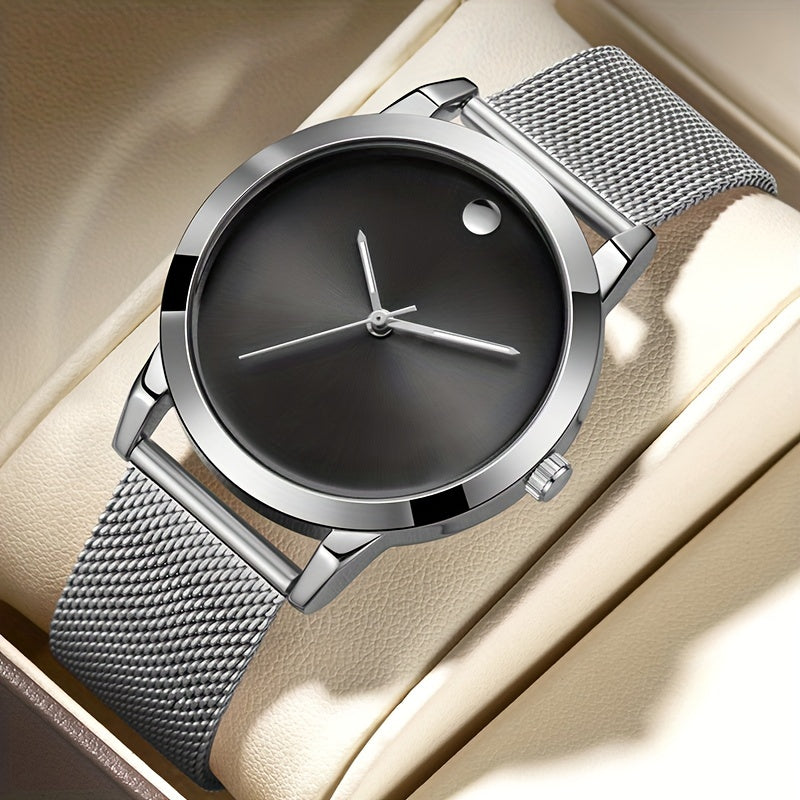 Men's Minimalist Stainless Steel Band Quartz Watch, Slim Round Dial, Casual Fashion Everyday Wear, Gift for Him, Silver Brown