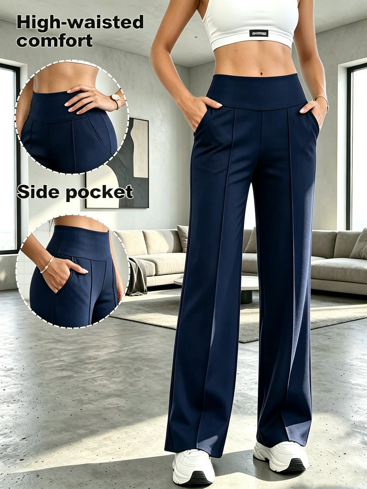Women's High-Waist Tummy Control Wide-Leg Pants with Pockets - Flowy Straight-Leg Trousers, Soft Yoga Athletic Pants for Commuting and Casual Wear S M L XL