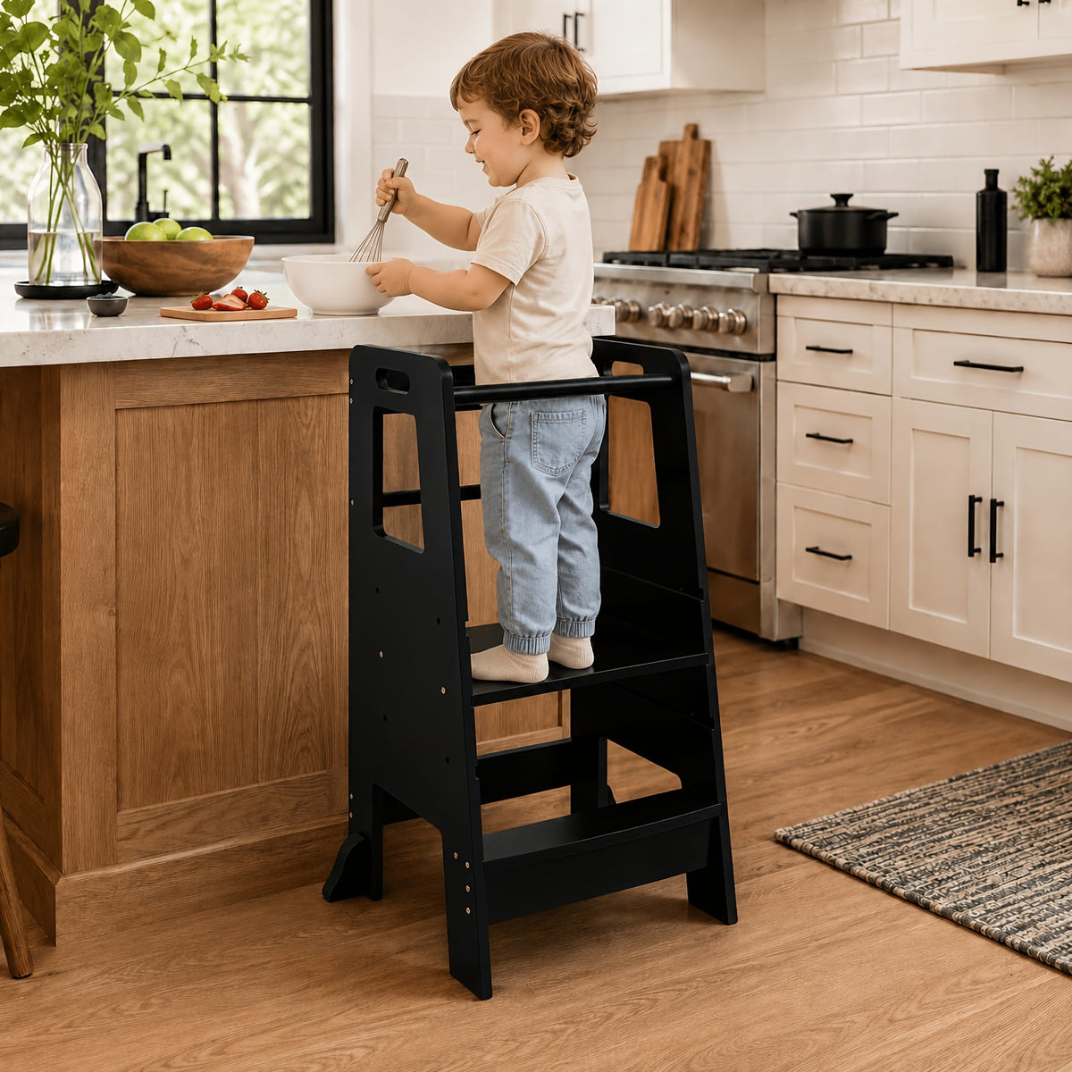 3-Level Adjustable Wooden Kitchen Step Stool with Safety Rail & Anti-Tip Support for Kitchen & Bathroom – White Black & Grey