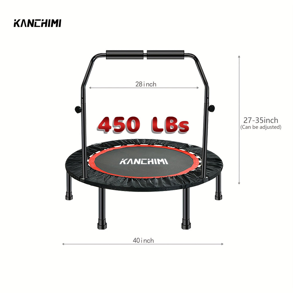 40-Inch Foldable Mini Trampoline with Handle – 450/550 LBS Fitness Rebounder with Bungees & U-Shape Foam Handle for Adults Indoor Outdoor Workout