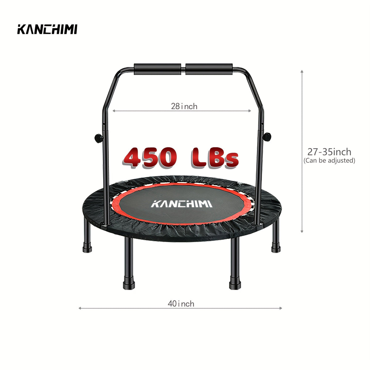 40-Inch Foldable Mini Trampoline with Handle – 450/550 LBS Fitness Rebounder with Bungees & U-Shape Foam Handle for Adults Indoor Outdoor Workout