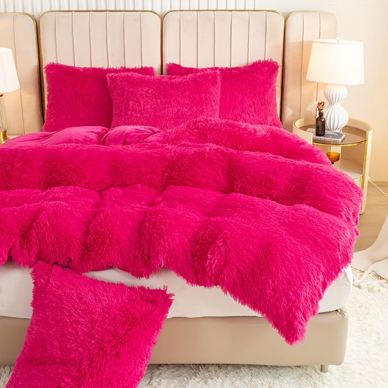 Plush Duvet Cover Set 3 Piece, Long Hair Knitted Polyester, Solid Color Fuzzy Comforter Cover with Zipper Closure, All-Season Soft Cozy Bedding Set for Bedroom, Multiple Colors Available